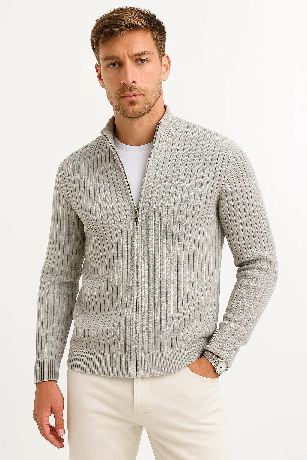 Mens Cardigan Grey Ribbed Knit Lightweight Casual and Formal Design for Men 4