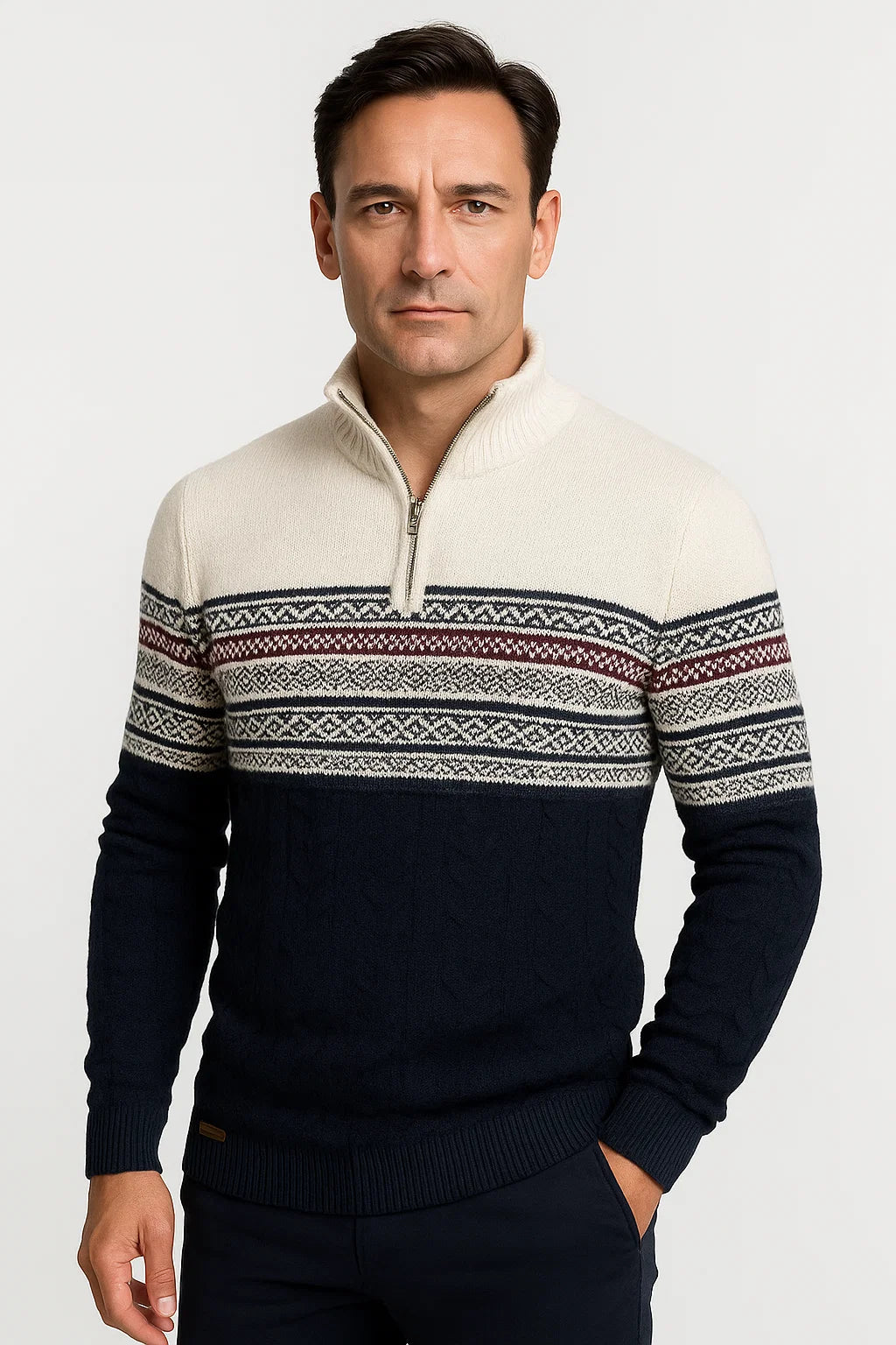Mens Quarter-Zip Sweater Cotton Blend Fair Isle Pattern Athletic Fit 5