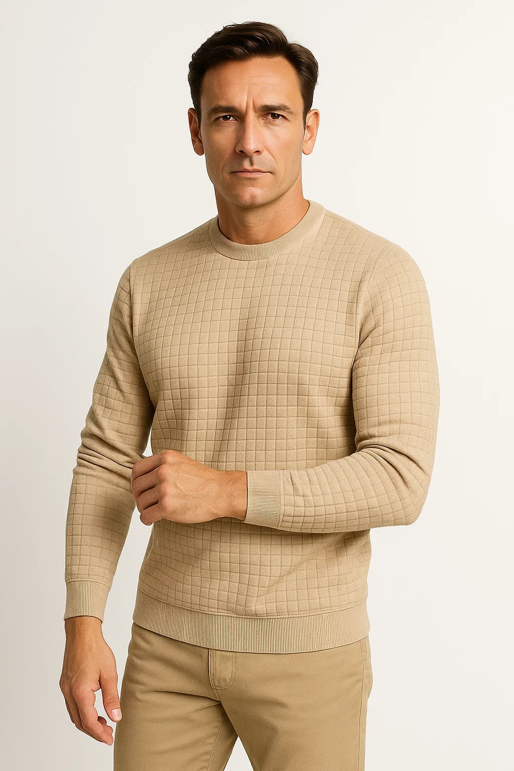 Mens Casual Shirt Cotton Blue Plaid Round Neck Semi-Formal 4