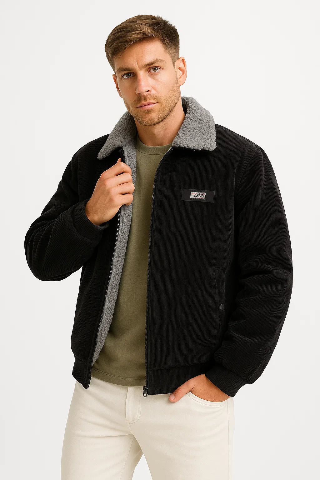 Mens Winter Jacket Grey Fleece Lined Ribbed High Collar Comfortable Stylish 4