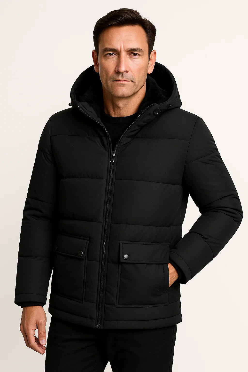 Mens Winter Jacket Black Lambswool Oversized Hooded Thick Padded Jacket 6