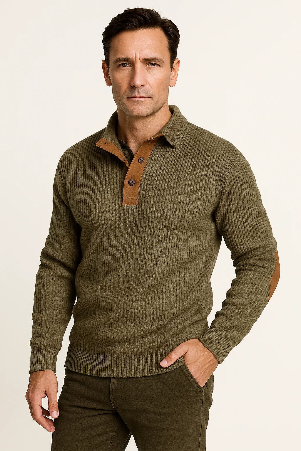 Mens Sweater Polyester Classic Casual with Suede Elbow Patches Button-Up Collar 5