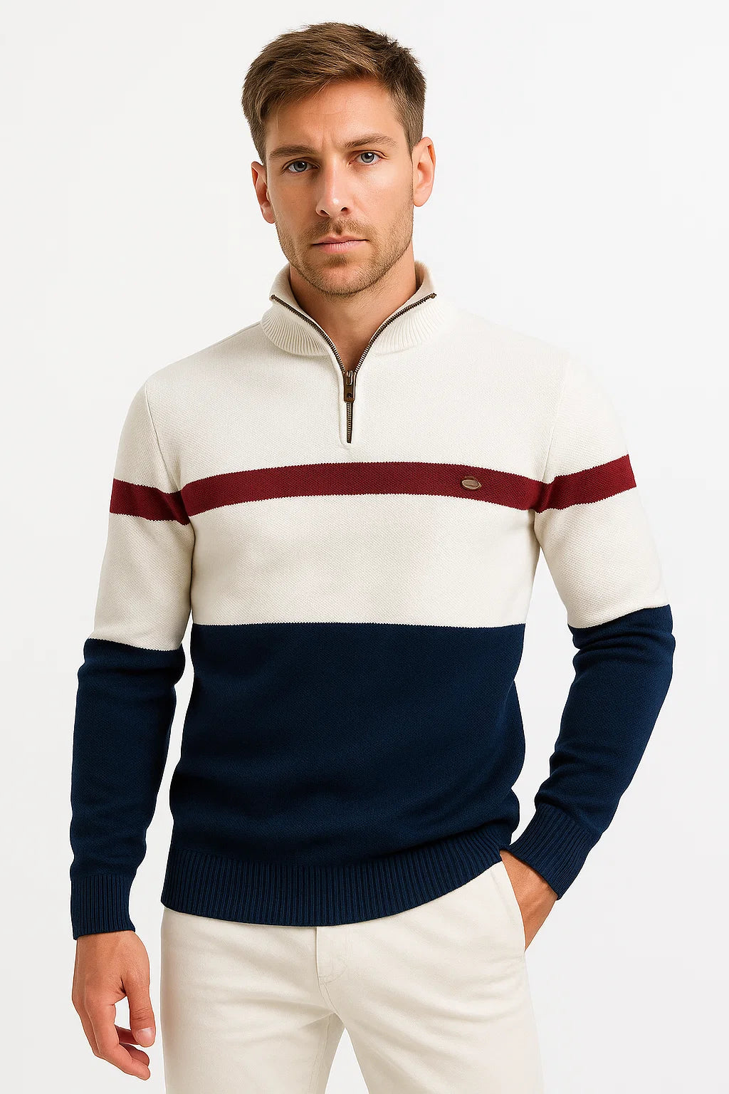 Mens Pullover Sweater Cotton Blend Color Block Casual Half-Zip 4