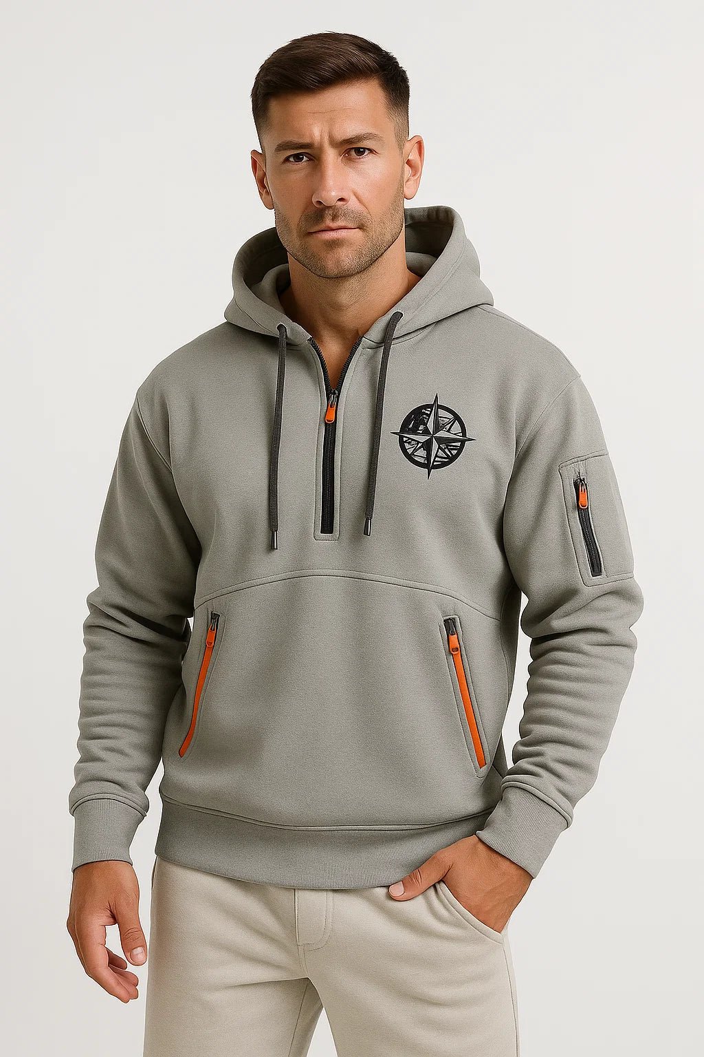 Mens Hoodie Blue Cotton Multi-Zip Embroidered Casual Sports with Zipper Pockets 4