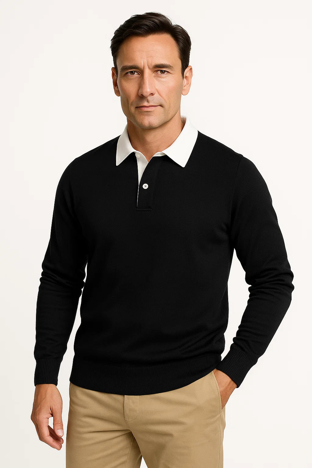 Mens Polo Shirt Cotton Blend Quarter Button Collar Smart Casual Long Sleeve 3