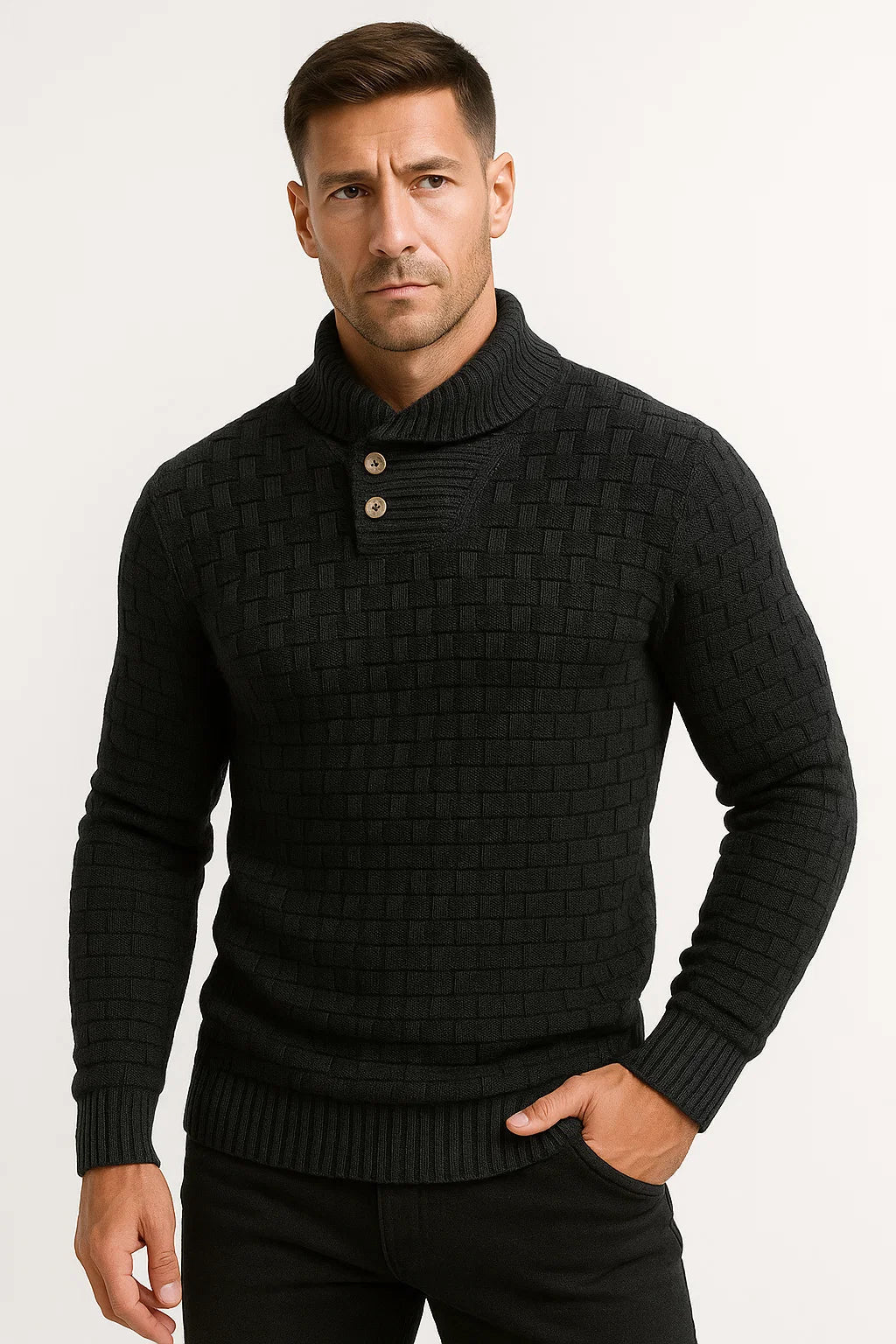 Mens Pullover Sweater Cream Soft Fabric High Neck Button Details Woven Knit 5