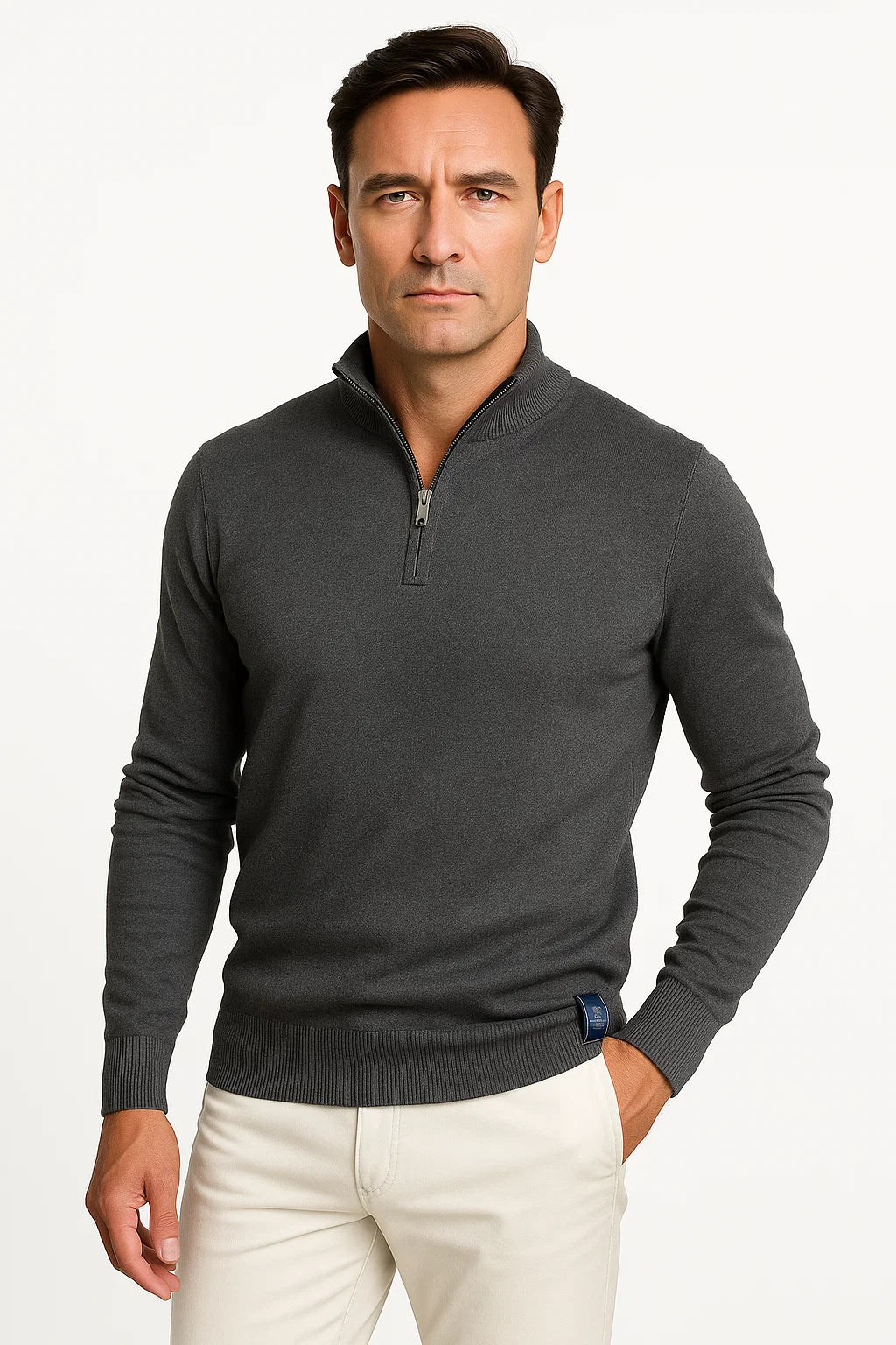 Men's Quarter Zip Sweater in Cotton Blend - Classic Fit, Minimalist Design for Smart Casual Wear 6
