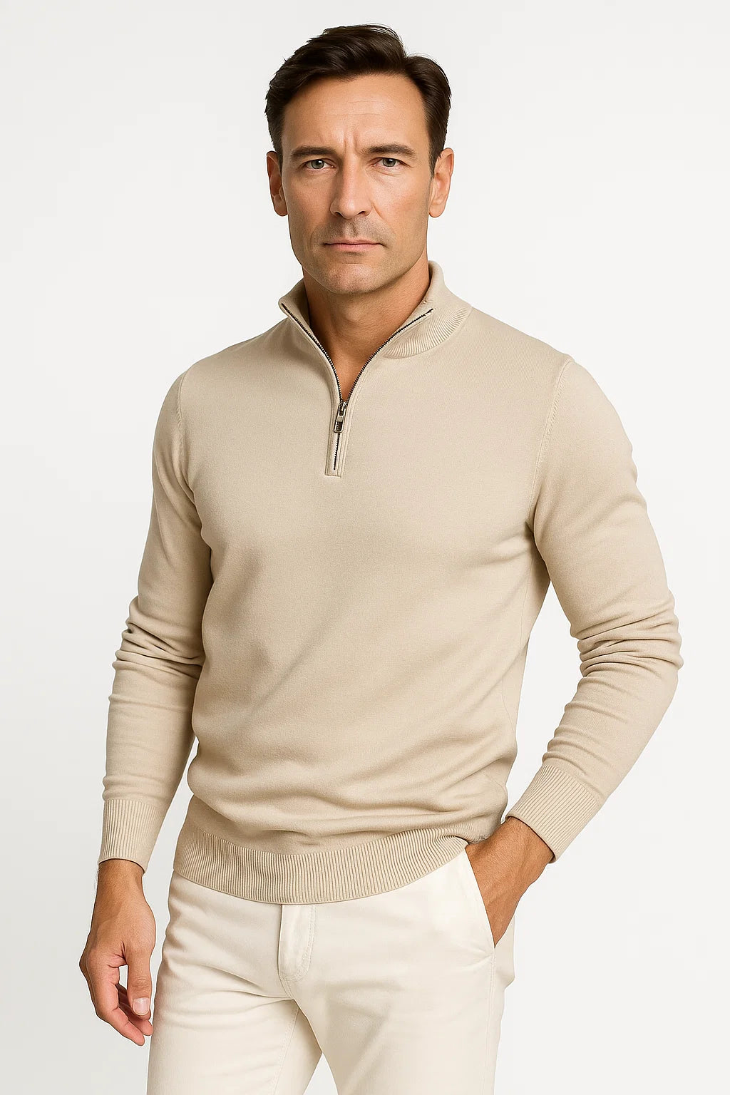 Men's Quarter Zip Sweater in Cotton Blend - Classic Fit, Minimalist Design for Smart Casual Wear 3