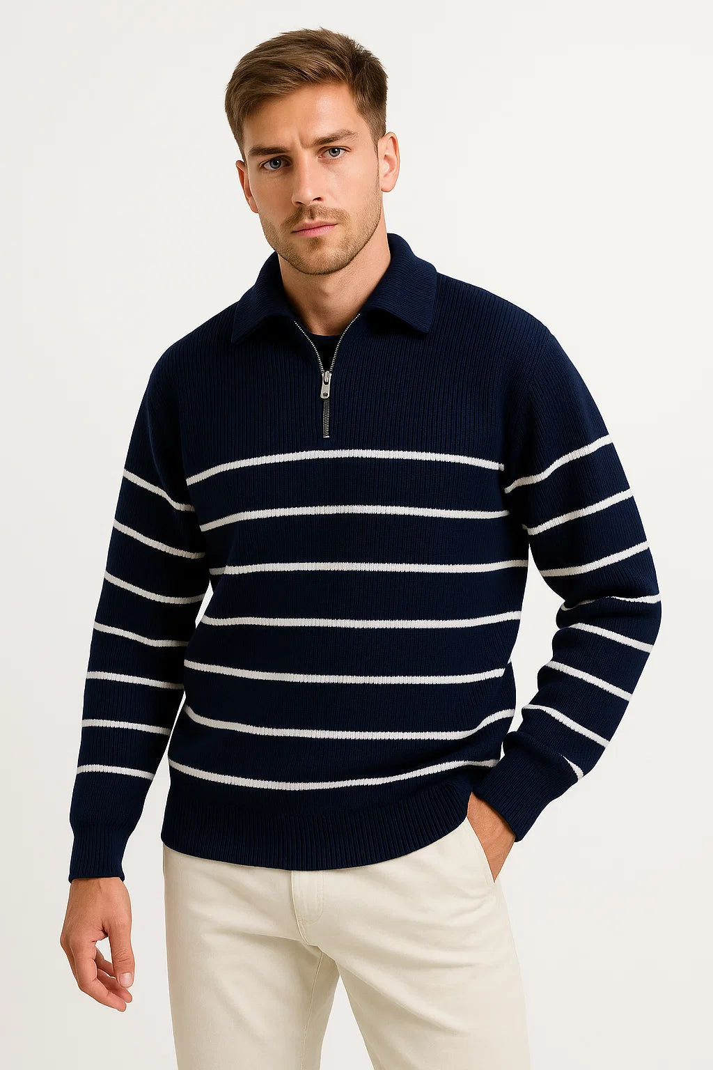 Mens Sweater Striped Lightweight Cotton Casual Quarter Zip Comfortable and Breathable 2