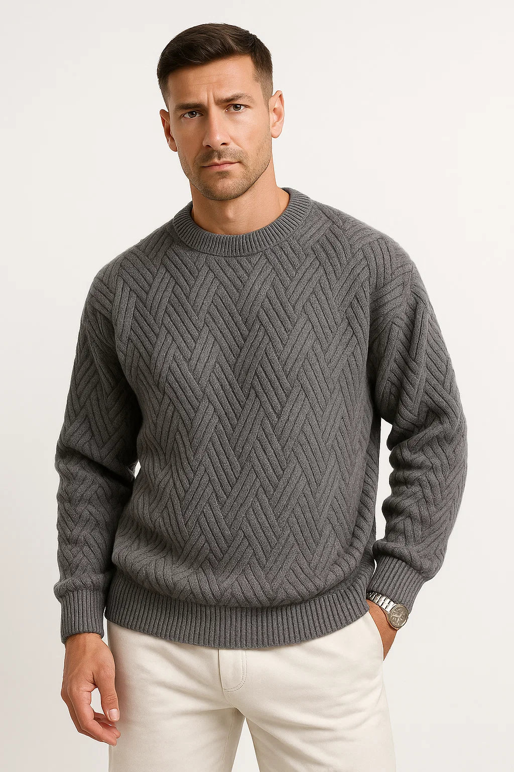 Mens Sweater Grey Knitted Pattern Soft Yarn Relaxed Fit Ribbed Round Neck 5