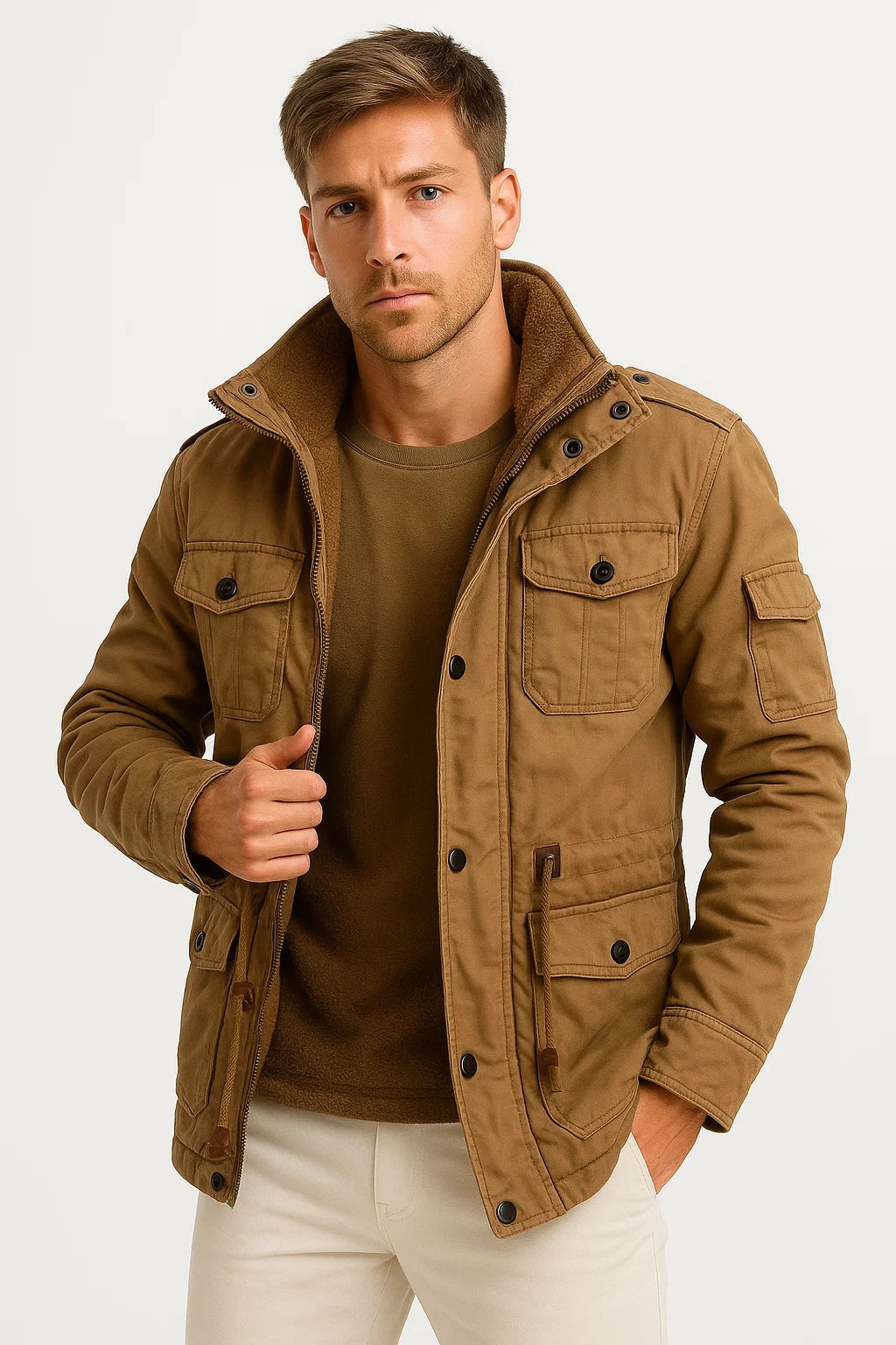 Men's Army Green Fleece Thermal Hooded Jacket - Casual Winter Jacket for Outdoor Activities 5