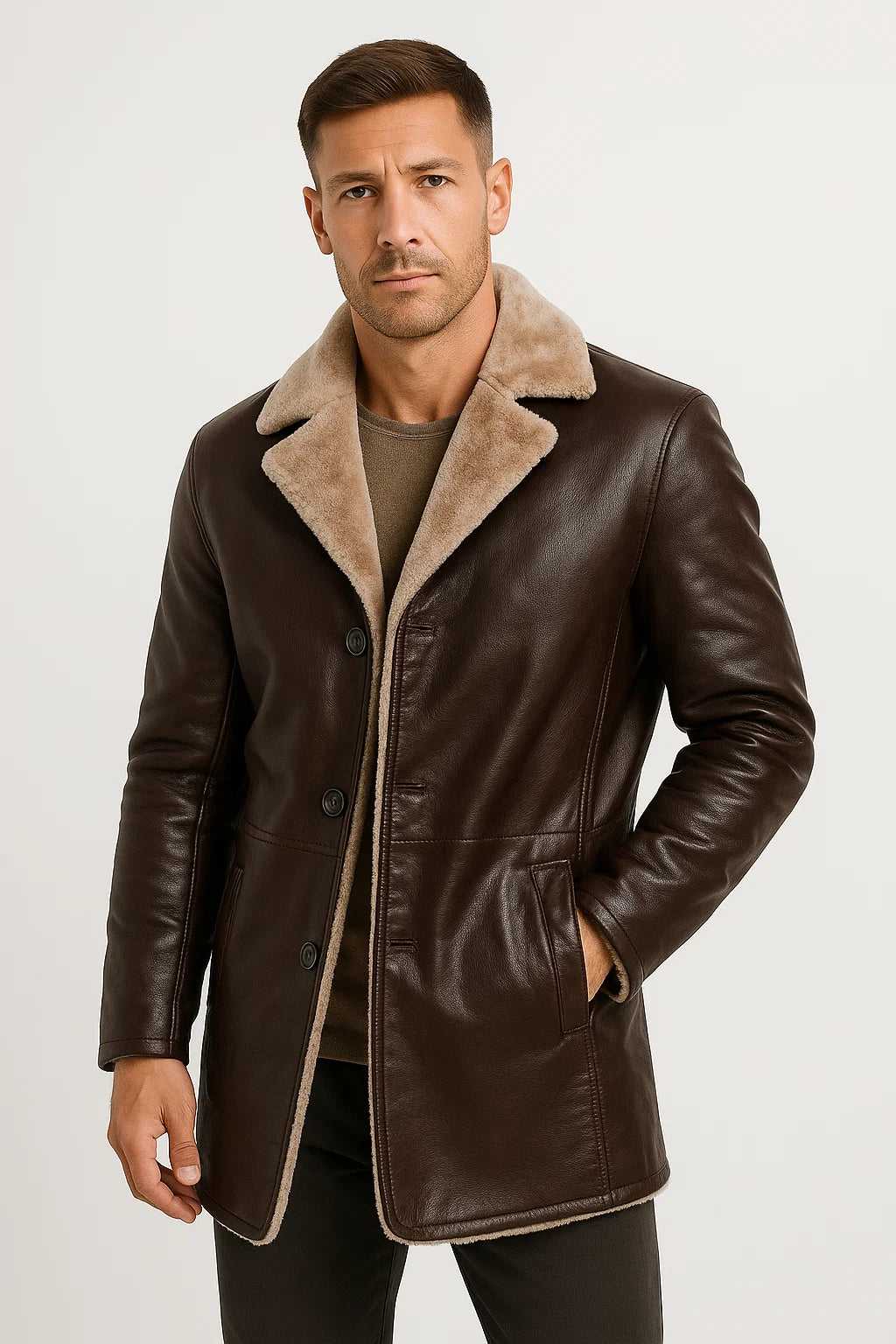 Mens Faux Leather Jacket Longline Tailored Notch Lapel Winter Wear 3