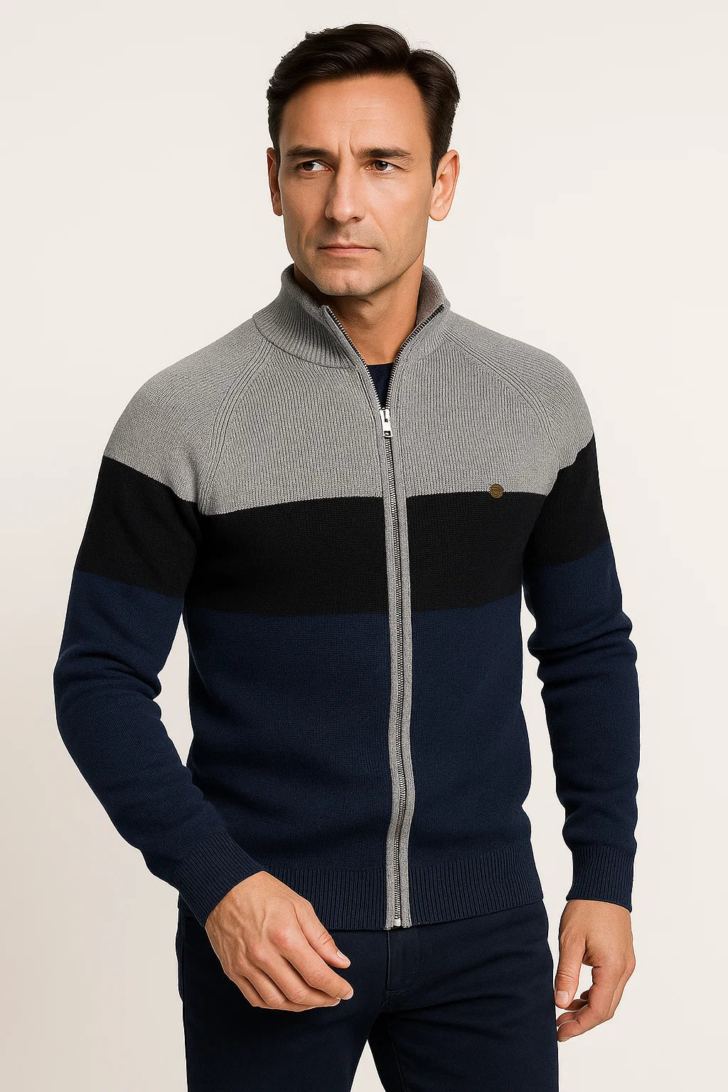 Mens Lightweight Full-Zip Cotton Sweater Jacket Color Block 5